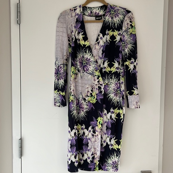 Just Cavalli Floral Print Long Sleeved Dress with Self Belt Sz M EUC - Picture 1 of 16